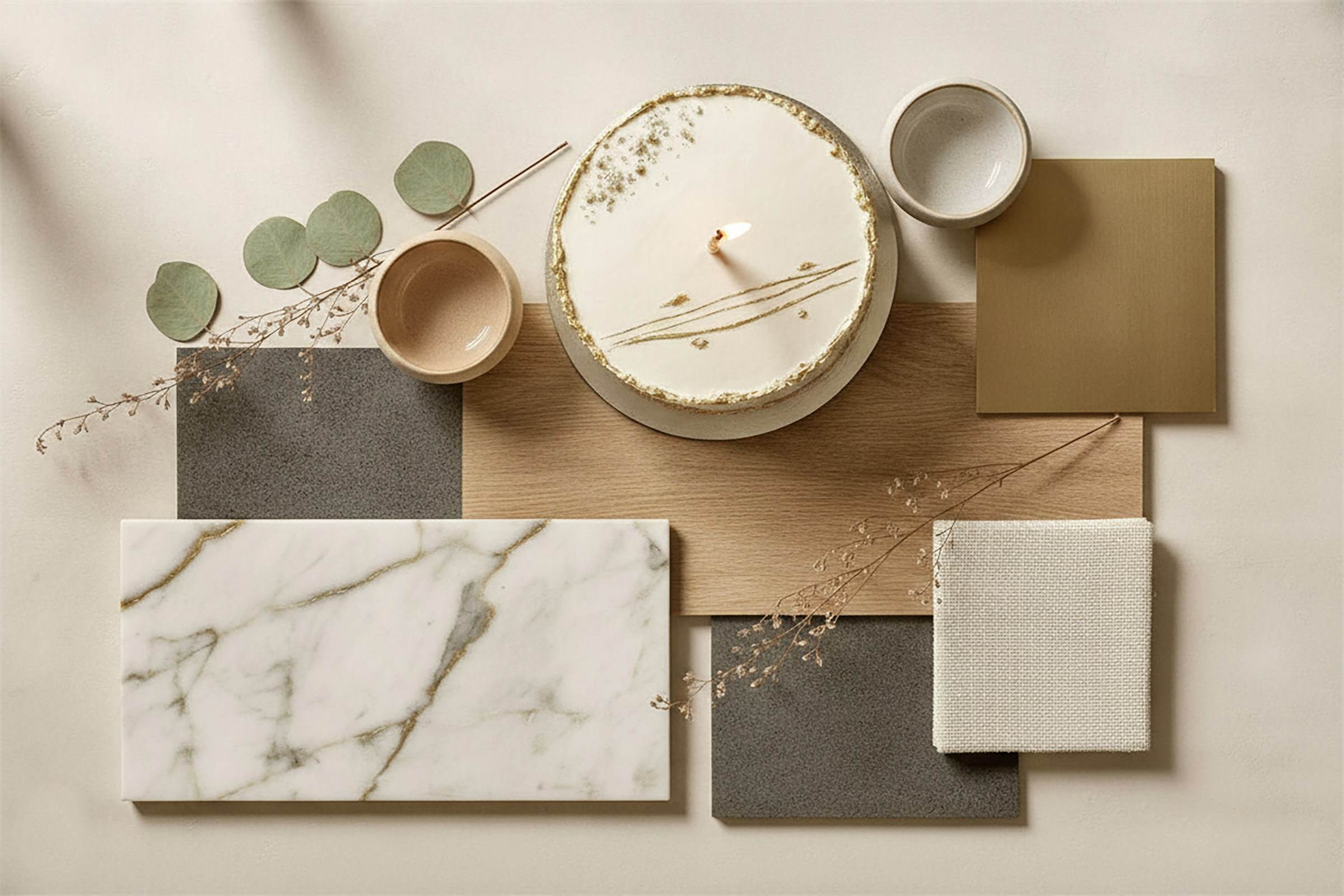 Interior finish samples — marble, oak, stone and ceramic — arranged on a table