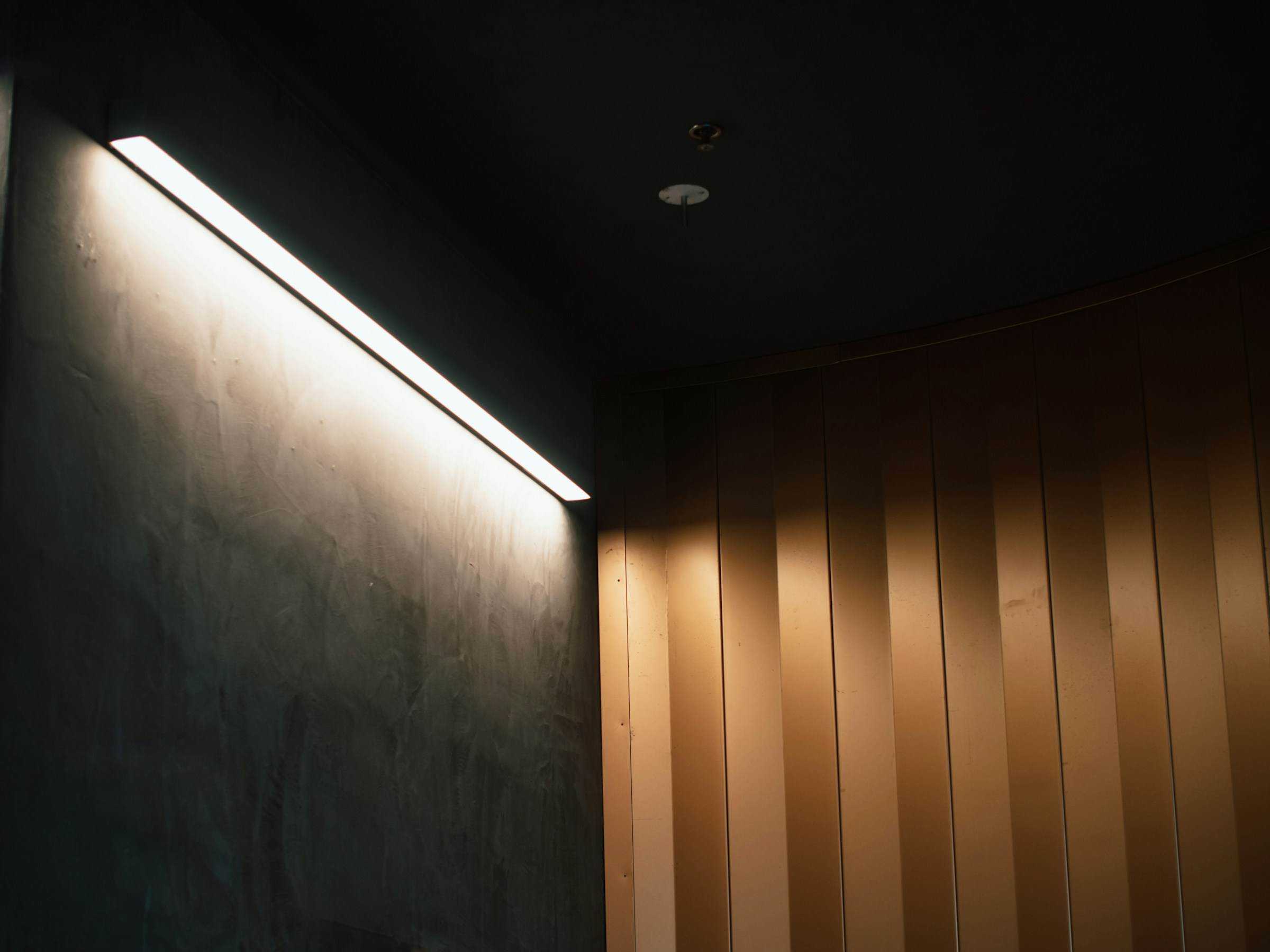 Recessed linear light washing down a dark wall beside timber slats
