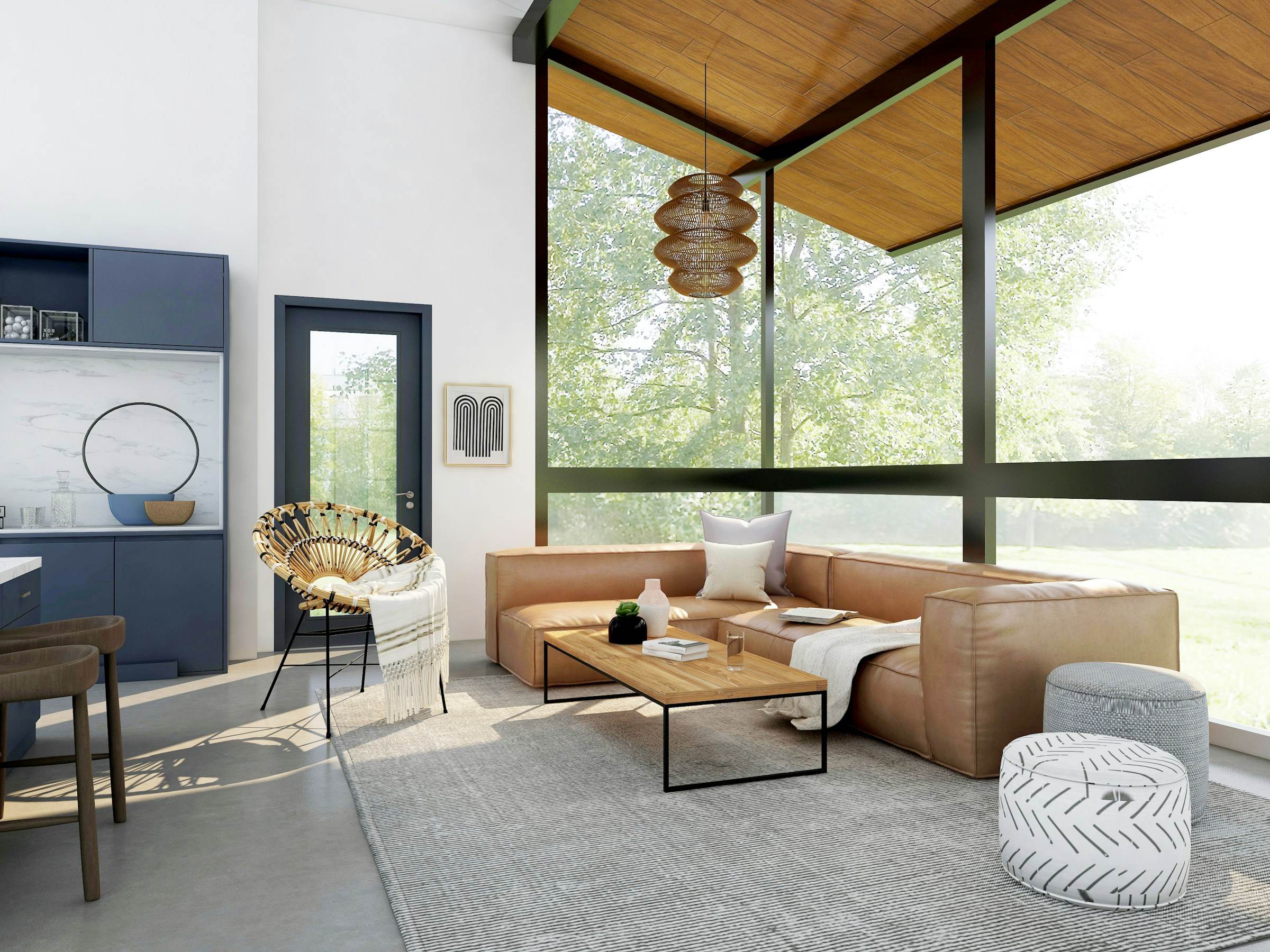 Living room with a vaulted timber ceiling, full-height glazing and a leather sectional